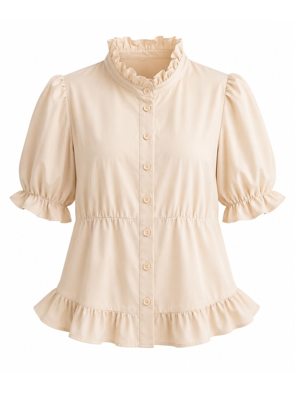 Belle Poque Blouse M Cream Ruffle Puff Sleeve Button Front Romantic Cottage